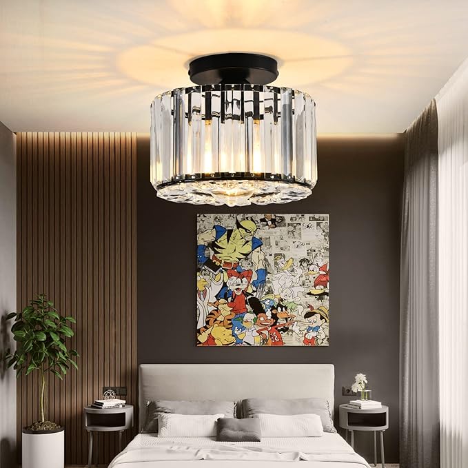 Crystal Ceiling Light, Semi Flush Mount Ceiling Light Black Crystal Chandelier for Bedroom Kitchen Hallway Entrance Balcony Dining Rooms Living Rooms Bar