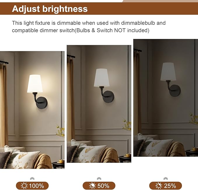 Modern Bathroom Vanity Light, Matte Black Bathroom Light Fixtures, Set of 2 Lighting Fixtures Over Mirror, Modern Wall Sconce with Flared White Fabric Shade, E26 Socket(ETL Listed)