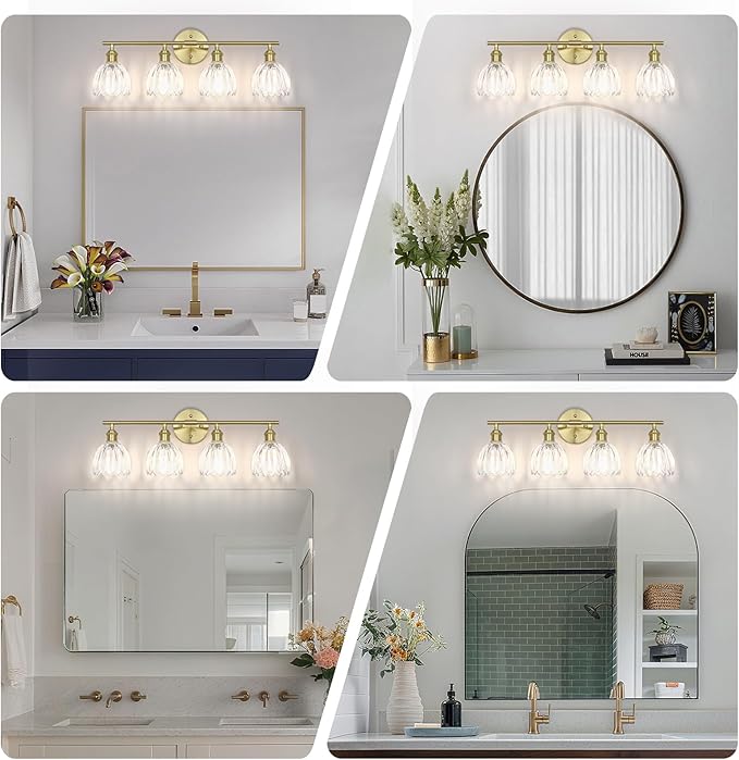 Vintage Bathroom Light Fixtures,4-Light Hardwired Vanity Lights with Clear Tulip Glass Shade,Gold Bathroom Vanity Light for Mirror Restroom,E26 Socket,25.2 in(Bulbs Not Included)