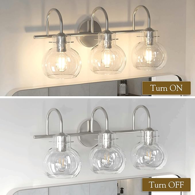 Bathroom Light Fixtures Brushed Nickel 3 Light Bathroom Lights Over Mirror with Clear Glass Shade Brushed Nickel Modern Wall Sconces Vanity Light for Bathroom UL Listed