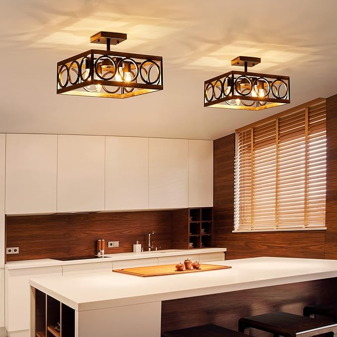 XINGQI Modern 4-Light 13'' Farmhouse Vintage Semi Flush Mount Ceiling Light Fixture for Living Dining Room Bedroom, Antique Wood Grain+Black Finish with Square Metal Shade,E12 Bulbs