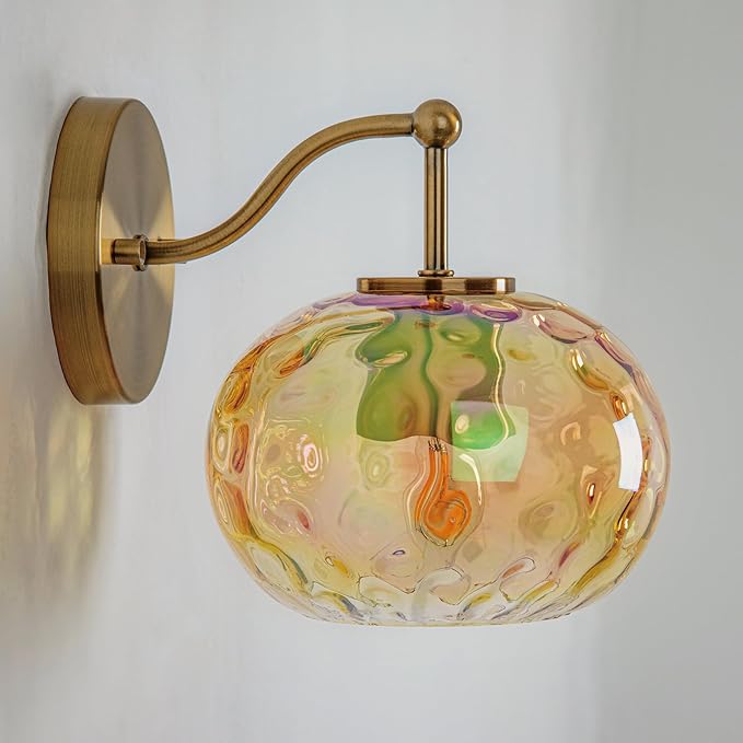 Modern Iridescent Glass Wall Sconce Gold Brass Wall Light Set of 2 Hammered Amber Glass Vanity Light for Bedroom Hallway Living Room Stairwell Bathroom Over Mirror