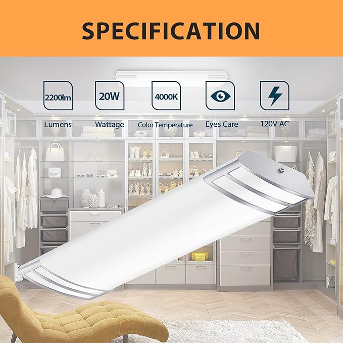 FAITHSAIL 2FT LED Light Fixture 20W, 2200lm, 4000K Neutral White, 2 Foot LED Linear Flush Mount Kitchen Lights Fixtures Ceiling for Closet, Craft Room, Laundry, Fluorescent Tube Replacement, 2 Pack