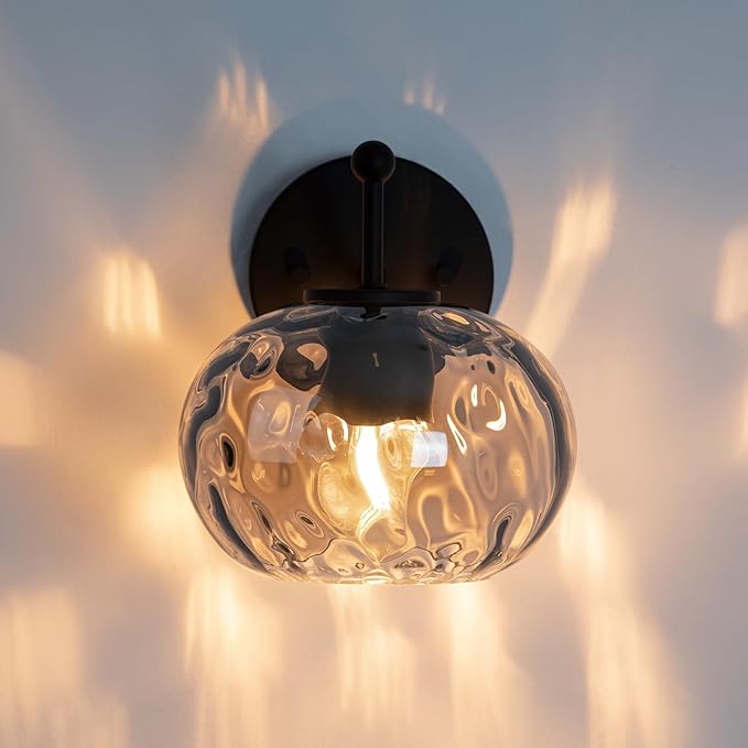 Modern Iridescent Glass Wall Sconce Matte Black Wall Light Set of 2 Hammered Smoked Glass Vanity Light for Bedroom Hallway Living Room Stairwell Bathroom Over Mirror