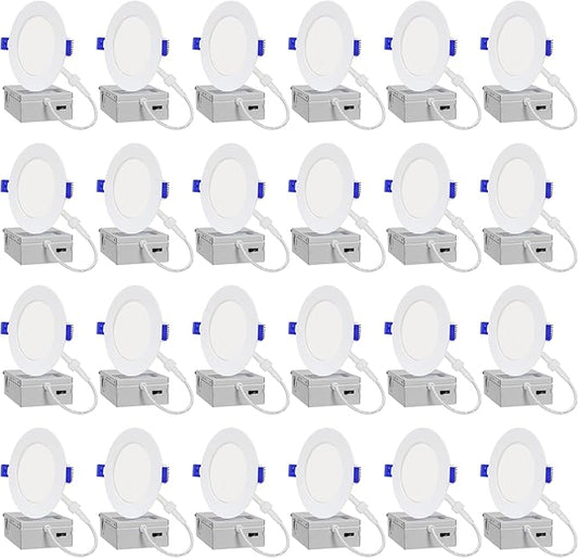 LAMPHOME 24-Pack of 4-Inch Slim LED Recessed Lights with Junction Box, Adjustable Color Temperatures (2700K-5000K), 9W Equivalent to 75W, Dimmable, 950LM Brightness - ETL and Energy Star Certified