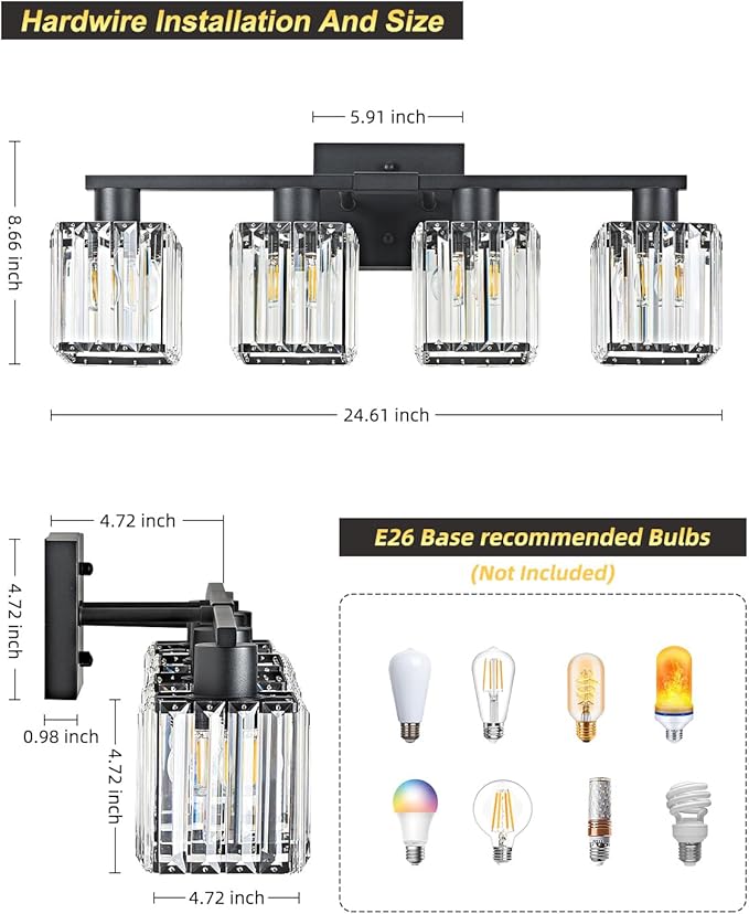 OKELI 4-Light Bathroom Light Fixtures, Modern Black Crystal Wall Light for Bathroom,Lighting Fixtures Over Mirror