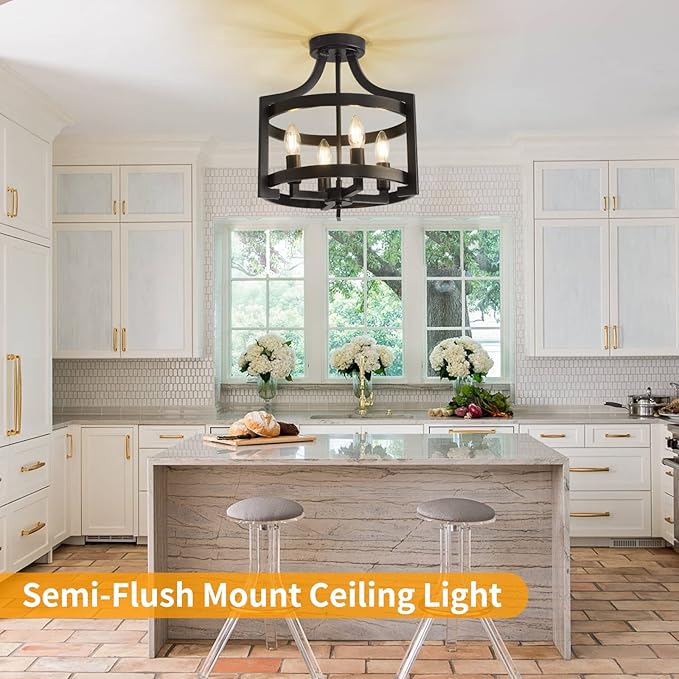 Plug in Chandelier Black Farmhouse Pendant Light Fixture, Adjustable Flush Mount Ceiling Light with 19.6 ft Hanging Cord for Kitchen Island, Dining Room, Living Room, Bedroom, Foyer, Entry