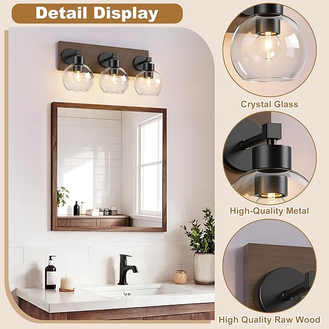 Farmhouse Bathroom Vanity Light Fixtures, Bathroom Light Fixtures Over Mirror,3-Light Rustic Black Wood Wall Sconces, Vintage Vanity Light for Bathroom with Clear Glass Shade (Black, 3-Light)