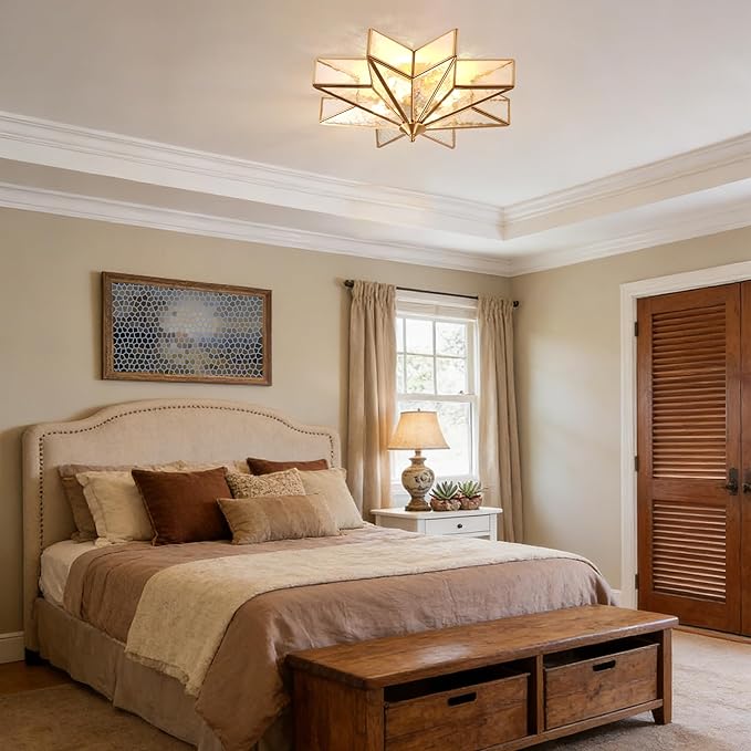 Brass Flush Mount Ceiling Light with Ceramic Light Socket, Star Shaped Ceiling Light Fixture, Mid Century Glass Ceiling Mount Lamp for Entryway, Foyer, Bedroom (Rippled Glass, 19.7")
