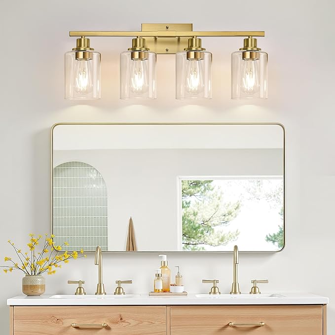 MOKATNG 4-Light Bathroom Light Fixtures, Vanity Light with Clear Glass Shades, Brushed Gold Bathroom Light Fixtures Over Mirror, Modern Bathroom Wall Lamp for Mirror Living Room Cabinet Bedroom
