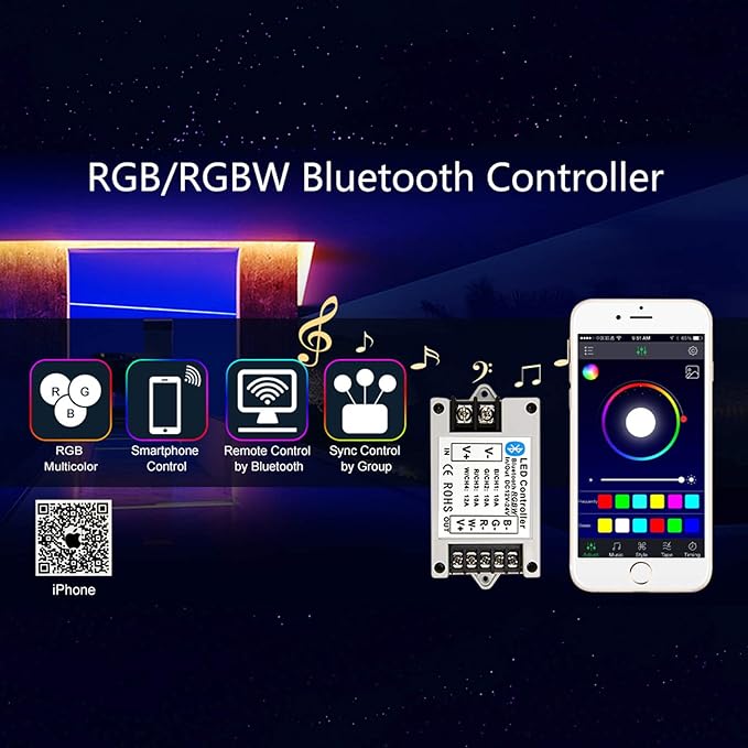 SUPERNIGHT Wireless Bluetooth RGBW/RGB Controller for 5050 3528 LED Light Strips, Smart Phone APP Control Smart Controller for iOS and Android