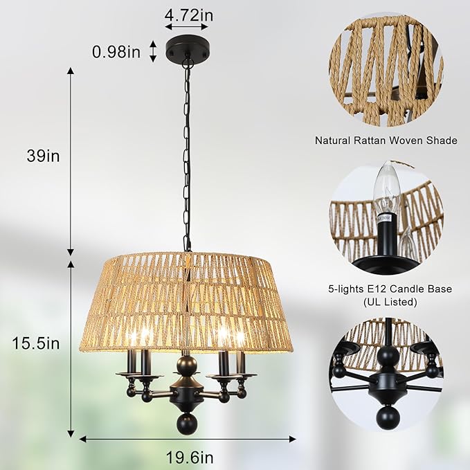 Boho Modern Drum Black Chandelier Vintage Farmhouse Rattan Black Chandelier 5-Lights Hand-Woven Bamboo Wicker Chandeliers for Dining Room, Kitchen, Bedroom, Living Room, Foyer, Entryway, E12