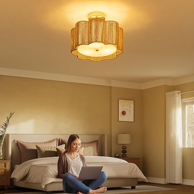 Golden Blossom Boho 3-Light - 14" Handwoven Rattan Flush Mount for Bedroom | Nursery, Eco-Friendly Gold Woven Ceiling Light, Small Gold Lighting, Boho Rattan Light