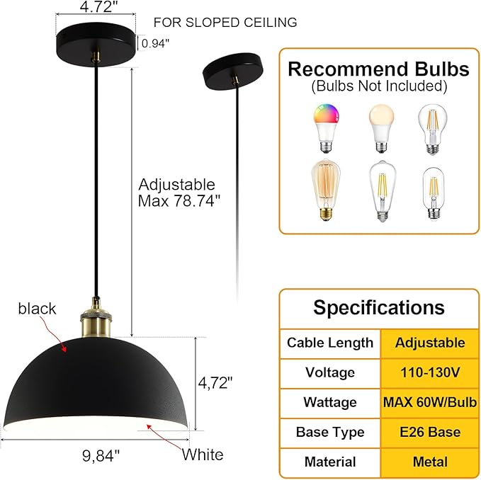 Modern Pendant Light 9.84 "Industrial Dome Pendant Light Black and White Finish Lighting line Length Pendant light78.74 Kitchen Island, Bedroom, Corridor, bar,Farmhouse