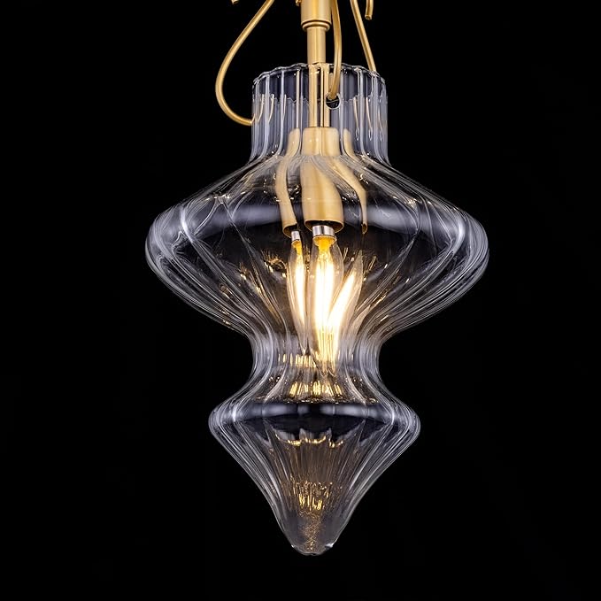TOCHIC Modern Glass Pendant Light, 4 Light Gold Cluster Pendant Chandelier with Clear Ribbed Glass, Adjustable Hanging Light Fixture for Dining Room, Kitchen Island, Bedroom, Foyer