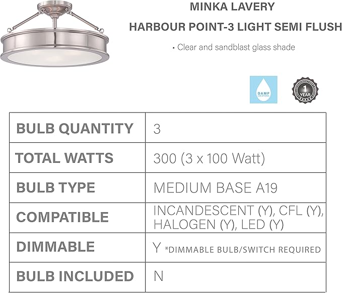Minka Lavery Semi Flush Mount Ceiling Light 4177-84, Harbour Point Lighting Fixture, 3 Light, Nickel