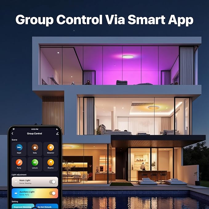 Smart LED Ceiling Light Flush Mount,16 Inch RGB, Dimmable 3000K-6500K, Night Light 2000K, Compatible with Alexa, Google, Tuya