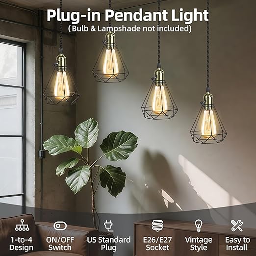 Vintage Plug-in Pendant Light Kit with 1-to-4 Hanging E26/E27 Sockets, Industrial Hanging Light with Individual Rotary Switches, Easy DIY Lighting for Living Room, Patio and Plant Corners, Bronze