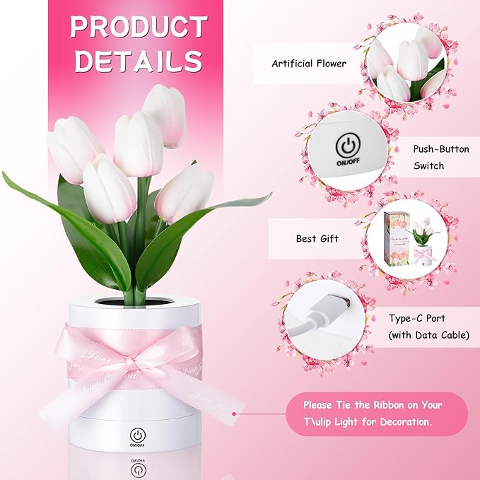 2 Sets Tulip Flower LED Lamp for Women Mothers Day Birthday Gifts for Mom, Wife Rechargeable Touch Desk LED Night Light 3-color Dimming with Card, Ribbon, Boxes for Table Centerpiece Decor