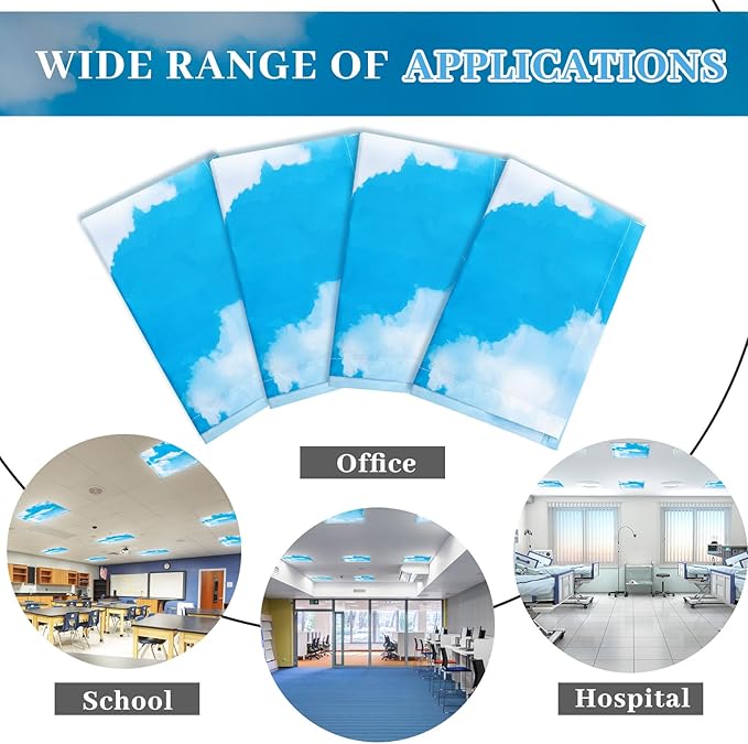 VIHOSE 4 Pcs 2 x 2 Feet Fluorescent Light Covers for Ceiling Lights Classroom Magnetic Light Filters for Reducing Harsh Glare Flicker for Office Classroom Home Drop Ceiling(Sky Cloud)