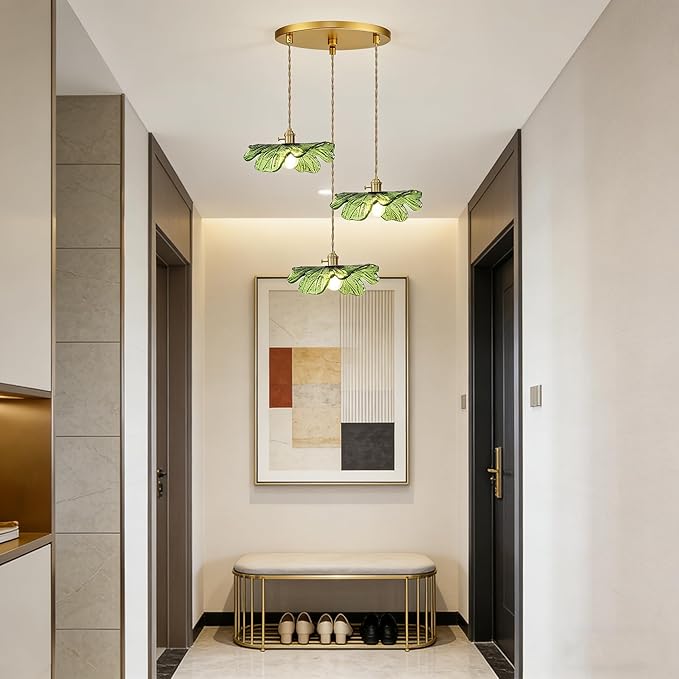 Green Glass Pendant Light 3-Light Cluster Chandelier Adjustable Gold Brass Pendant Hanging Light Farmhouse Pendant Lights for Kitchen Island Dining Room Bedroom