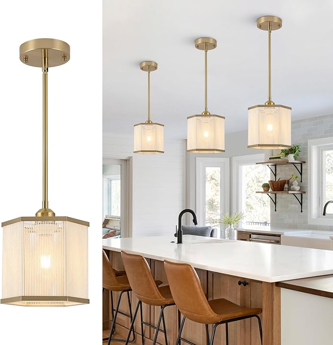 3-Pack Modern Gold Rattan Pendant Light Fixtures, 7.67" Hand-Woven Hexagonal Island Lighting, Boho Hanging Pendant for Kitchen Island, Dining Room, Hallway, E26 Base