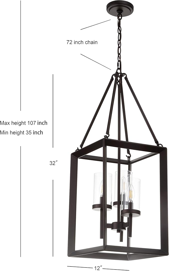 JONATHAN Y 12" Oil Rubbed Bronze 3-Light Lantern Pendant, LED Ceiling Light for Foyer Kitchen Island Entryway, Traditional Metal Fixture with Clear Glass Shade, ETL Listed JYL7412A