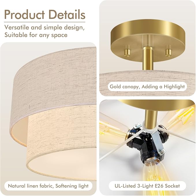 16.5'' Semi Flush Mount Ceiling Light, 3-Light Gold Ceiling Light Fixtures, Farmhouse Close to Ceiling Light with Linen Shade, Modern Drum Ceiling Light for Living Room/Hallway/Bedroom/Dining Room