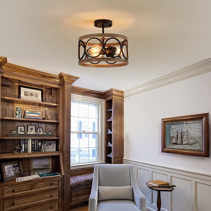 Semi Flush Mount Modern Farmhouse Ceiling Light Fixtures,3-Lights Black and Retro Wood Finish,Drum Shade Rustic Light Fixtures for Entryway Hallway Foyer Kitchen Dining Room Bedroom