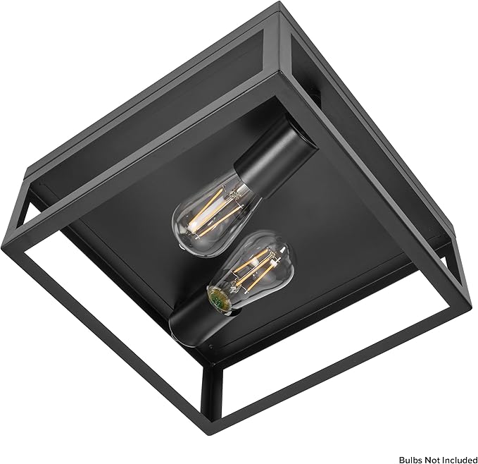 Maxxima Indoor/Outdoor Flush Mount Ceiling Light Fixture, 2-Light Square Farmhouse Close to Ceiling Entryway Light, Black, Bulbs Not Included