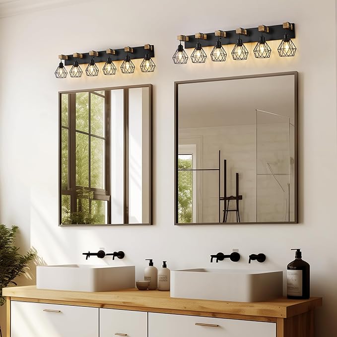 Farmhouse Bathroom Vanity Light Fixtures, 6-Light Wood Bathroom Light Fixtures Over Mirror, Rustic Sconces Wall Lighting with Elegant Metal Lampshade for Living Room, Bedroom, Hallway