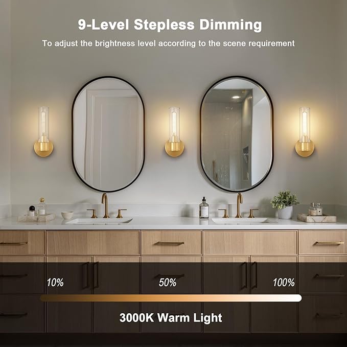 Brushed Gold Wireless Wall Sconce Set of 2, 12000 mAh Battery Operated Wall Lights with Remote Control, Rechargeable Dimmable Wall Lamps for Bedroom Bathroom Living Room Hallway Stairwell, 3000K