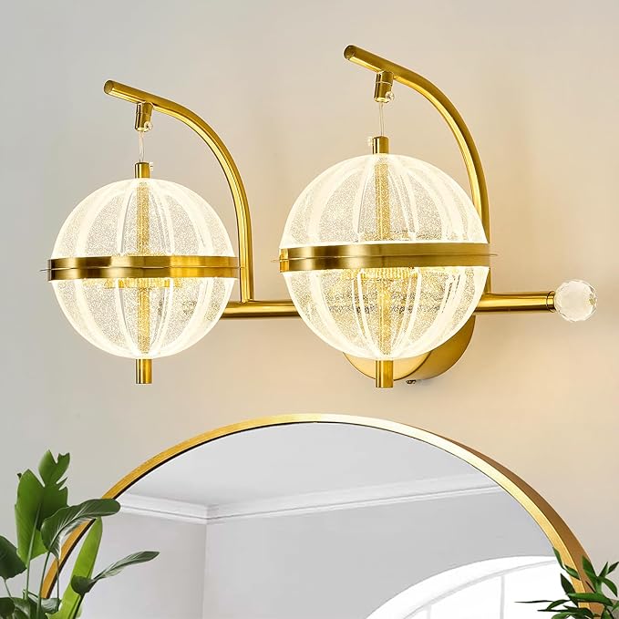 UOFUS 24W Gold Bathroom Light Fixtures Modern LED Vanity Light with Globe Acrylic LampShade 2 Lights Mid Century Wall Sconces Indoor Vanity Lights Over Mirror for Bedroom Hallway Entryway