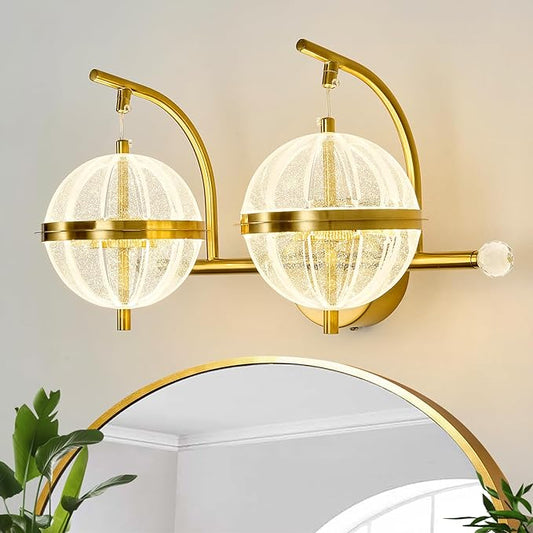 UOFUS 24W Gold Bathroom Light Fixtures Modern LED Vanity Light with Globe Acrylic LampShade 2 Lights Mid Century Wall Sconces Indoor Vanity Lights Over Mirror for Bedroom Hallway Entryway