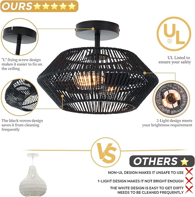 2-Lights Woven Rattan Ceiling Light Fixture, Black Farmhouse Hand-Woven Cage Semi Flush Mount Ceiling Light, Small Boho Coastal Basket Close to Ceiling Light for Bedroom Hallway Nursery Entryway