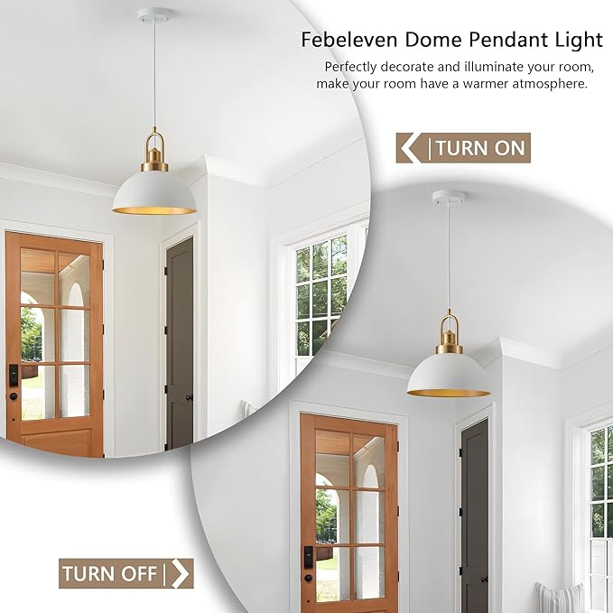 Farmhouse 11.81" White Pendant Light with Gold Finish, Industrial Metal Hanging Lighting Fixtures, Adjustable Height Dining Room Chandelier for Kitchen Island Hallway and Foyer 2 Pack