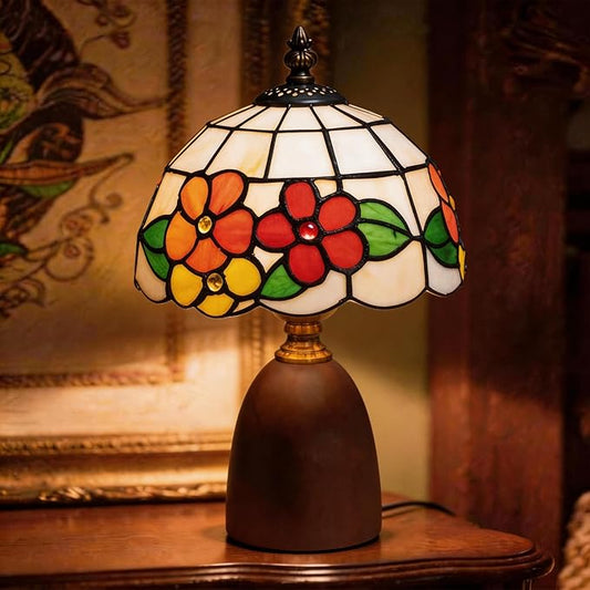 12.2" Tiffany Style Lamp, Handcrafted Stained Glass Sunflower Table Lamp with Spherical Solid Wood Base, 3-Color Dimmable Bedside Lamp for Nightstand & Bedroom, Vintage Aesthetic Accent Light