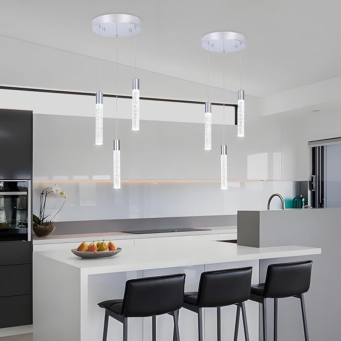 3-Light Bubble Crystal Ceiling Chrome Integrated Crystal Pendant Chandelier,Dimmable LED Ceiling Light with Adjustable Height for Kitchen Island, Dining Room & Bedroom 3000K -6000K