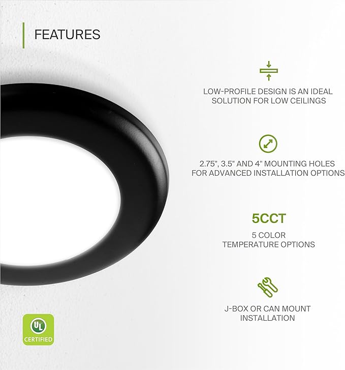 ASD 1 Pack LED Disk Lights 4 Inch, 10W 5CCT 2700K-5000K 685LM CRI90+, Dimmable Flush Mount Ceiling Light Fixture, Low Profile Surface Mount Disc Lights, Junction Box or Recessed Can Install, UL