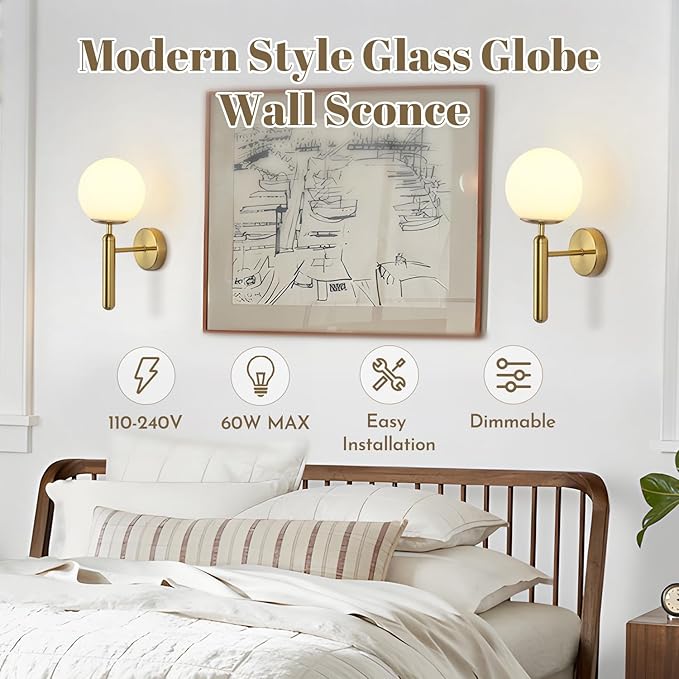KCO Lighting Milk Glass Globe Wall Sconce Mid Century Brushed Brass Wall Sconces Modern Gold Wall Light Vintage Bathroom Vanity Light Fixtures for Bedroom Hallway