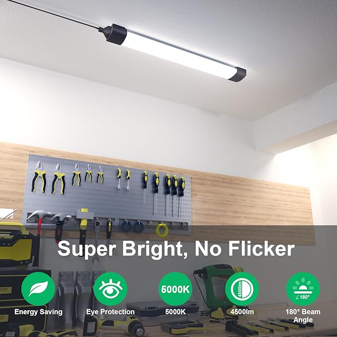 Plug in Ceiling Light 4FT 2PCS, Linkable LED Garage Ceiling Light Fixtures 5000K, Bright Lightweight Overhead Light with Cord for Workbench Basement Kitchen Bedroom Factory, Black, 36W