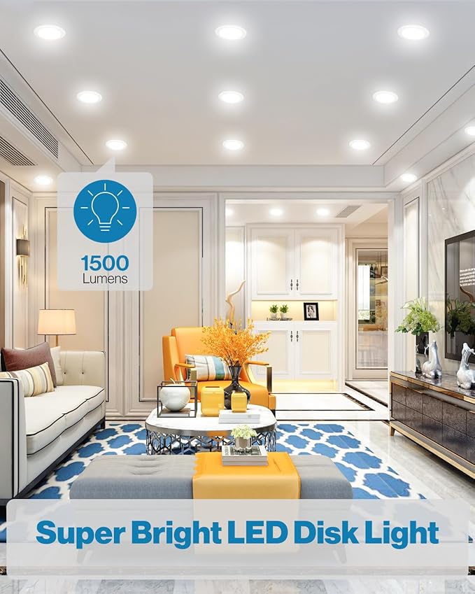 Sunco 12 Pack 6 Inch Disk Lights LED, Flush Mount Disc Recessed Ceiling Can Lighting, 1500 LM, 18W=100W, Selectable CCT 2700K/3000K/4000K/5000K/6000K, Dimmable, Wet Rated, High Output Lumens ETL.