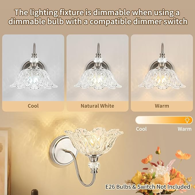 1 Piece Brushed Nickel Wall Sconce with Floral Clear Glass Shade, Brushed Nickel Finish Wall Mount Lighting for Bathroom, Modern Bathroom Vanity Light Fixture