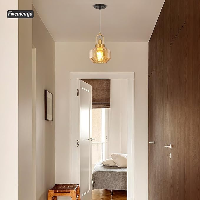 9in Mid Century Modern Amber Glass Pendant Light Fixture, Small Gold Kitchen Island Pendants Light Glass Ceiling Hanging Lamp for Foyer Dining Room Bedroom Entryway Hallway Over Sink