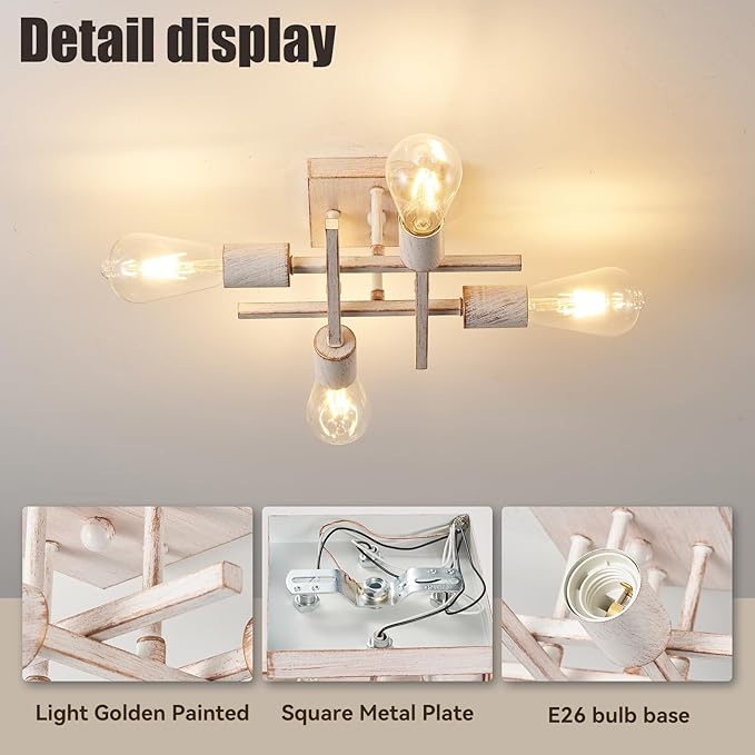 Industrial 4-Light Semi Flush Mount Ceiling Light Fixture, Modern White Gold Chandelier Lighting, Farmhouse Sputnik Ceiling Lamp, E26 Base Pendant Lamps