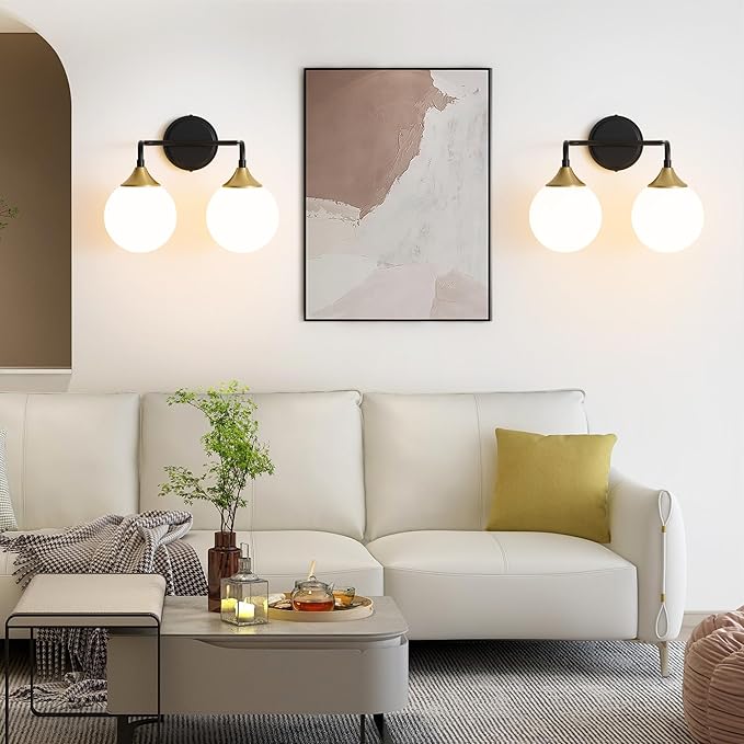 Black Gold Bathroom Light Fixtures, Modern Vanity Lighting Over Mirror, Mid Century Modern Matte Black Wall Sconce 2-Light with Milky White Glass Ball Shades