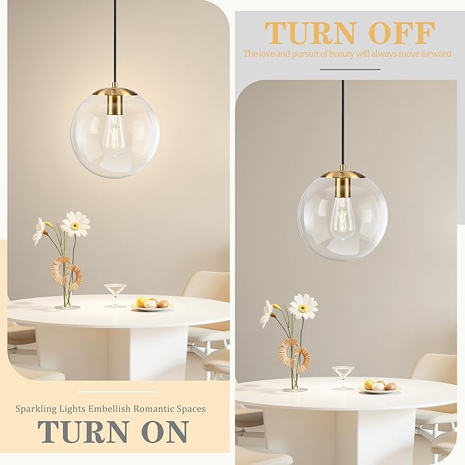 KoKo&Yukina 10" Globe Pendant Light Gold Plug in Pendant Light Adjustable Hanging Lights with Plug in Cord Brushed Gold Finished with Clear Glass Lampshade for Bedroom Kitchen Island（Bulb Included）