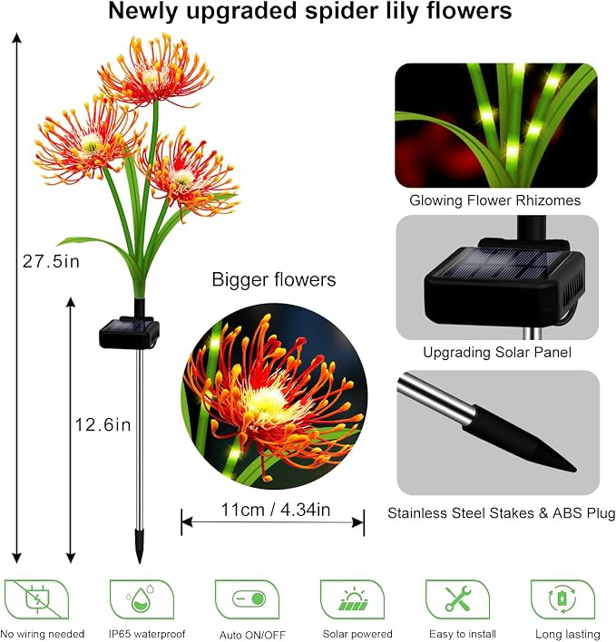 Solar Garden Flower Lights Outdoor,4 Pack 4 Colors Spider Lily Waterproof with Glowing Stems,Elegant Yard & Patio Decor,Ideal Mother's Day & Gardening Ornament or Gifts for Women,Mothers &Grandma