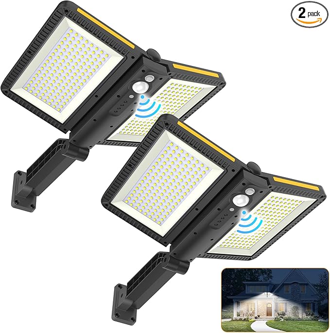 ropelux Solar Outdoor Lights, 6000LM Motion Sensor Outdoor Light Double Big Solar Panels, IP65 Waterproof and 5 Modes, 218LEDs High Brightness Wider Illuminated Area Flood Lights for Garden Street