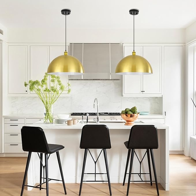 Gold Pendant Light, 16" Farmhouse Ceiling Light with Gold and White, Elegant Semi-Circular Shade Design, Adjustable Height Industrial Dome Pendant Lights for Kitchen Island, Dining Room